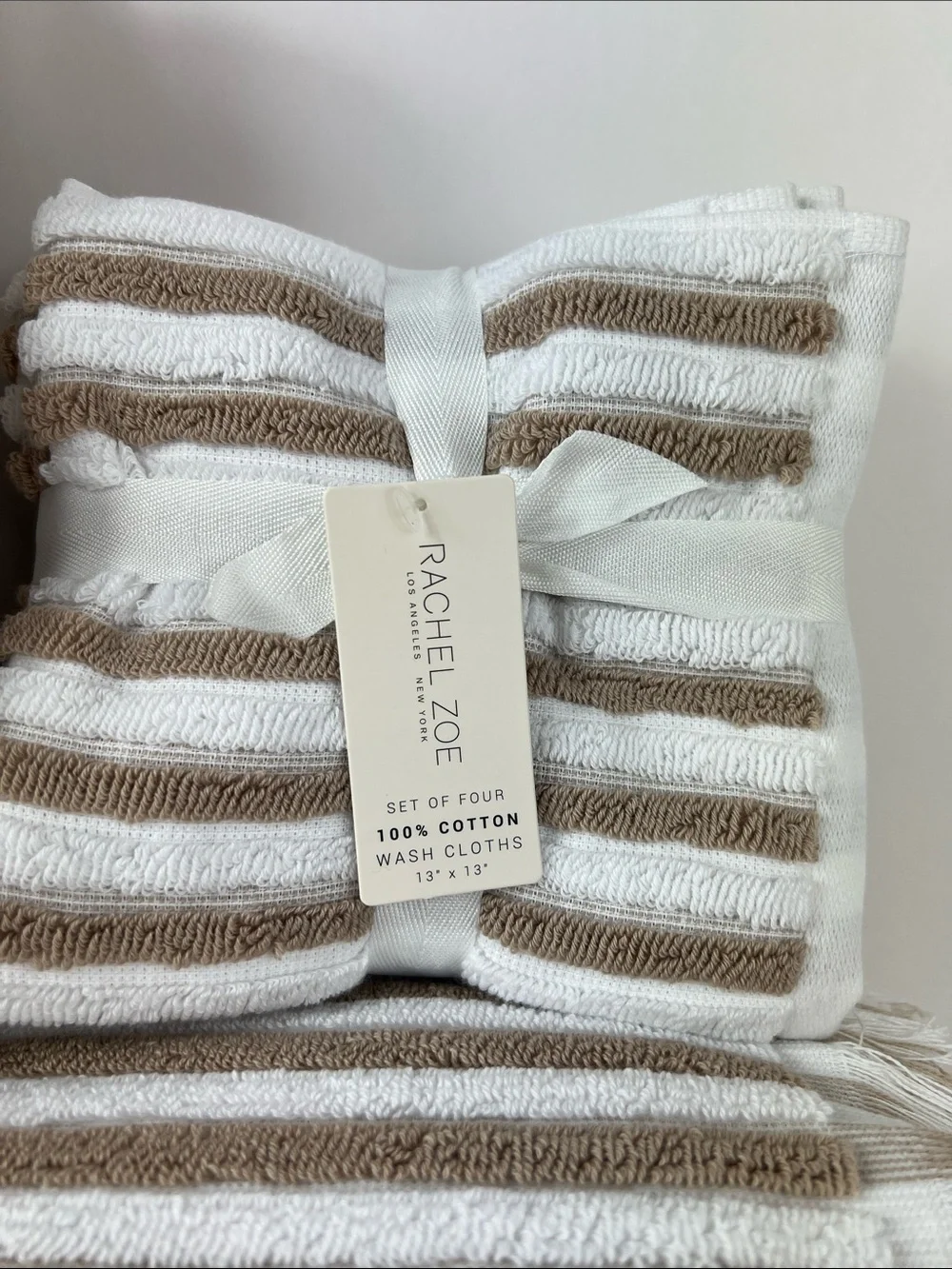 Rachel Zoe Bath Towel Set Beige White Striped with Fringe Soft Cotton 8 Pc NEW